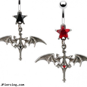 Jeweled star navel ring with dangling gothic cross and bats, 18g jeweled labrets, jeweled belly rings, gold jeweled labret ring, star nose ring, body jewlery ear piercing plugs getting started