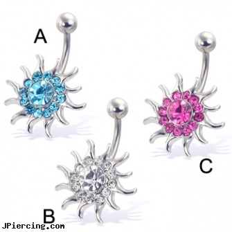 Jeweled sun belly button ring, 18g jeweled labrets, jeweled labrets, jeweled belly rings, care for belly button piercing, infected belly button rings