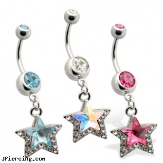 Jewled Belly Ring, with Dangling Star, AB, jewled 16 gauge labrets, belly ring care info, whole sale belly rings, celestial belly rings, medical diagnosis swollen ring around penis cock