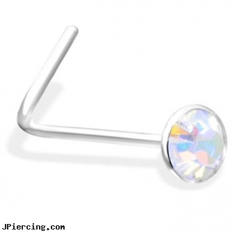 L-Shaped Nose Pin With AB Gem, horseshoe shaped items, shaped nose studs, crescent shaped piercing expanders, nose post jewelry, indian history nose piercing