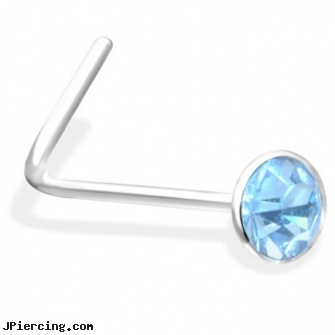 L-Shaped Nose Pin with Light Blue Gem, crescent shaped piercing expanders, shaped nose pins at wholesale, heart shaped belly button ring, nose piercing gauges, pictures of my nose piercing