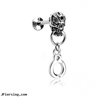 Labret Stud With Skull Head And Dangling Handcuff, 16 Ga, fishtail labrets, black titanium labret, gold labret, pretty nose studs, 16 gauge nose screws and studs