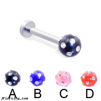 Labret with multi-gem acrylic colored ball, 12 ga, pictures of my labret, opal labret jewelery, kissing someone with labret, multiple ear piercings, steel earrings multiple ear piercings