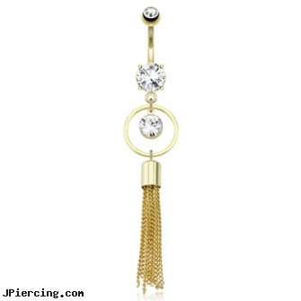 Large Round CZ Encircled By Round Ring with Extending Multi Chain Strings Dangle Gold Tone Navel Ring, large gauge piercings, large nose ring, large penis, medical diagnosis swollen ring around penis cock, body jewelry nipple rounders