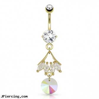 Leaf with CZ And Round Prism Dangle Gold Tone Navel Ring, belly button rings pot leaf, four leaf clover body jewelry, medical diagnosis swollen ring around penis cock, dry skin around navel peircing, ring around the penis