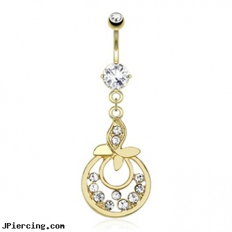 Leaf with Gems And Attached Hoops Between with Multiple CZ Dangle Gold Tone Navel Ring, belly button rings pot leaf, four leaf clover body jewelry, square gemstone belly button ring, gemstone belly button jewelry, square gemstone belly jewelry