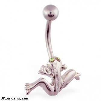 Leaping frog belly ring with jeweled green eyes, frog tongue rings, frog navel rings, christmas belly rings, belly rings plugs and tunnels, tools for belly piercing
