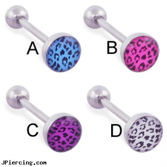 Leopard print logo tongue ring, 14 ga, tongue ring logo kiss me, tongue rings lips logo, buy logo tongue rings, pretty girl with tongue piercing, build tongue ring