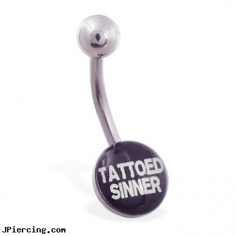 Logo belly button ring \"TATTOOED SINNER\", buy logo tongue barbells, dallas cowboys logo nipple ring, logo tongue rings, belly ring manufactuer, belly-button piercing