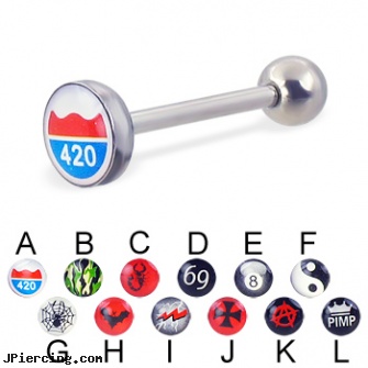 Logo tongue ring, 14 ga, logo labret, tongue ring logo kiss me, cool logo belly button rings, defekts of tongue piercings, guage barbell tongue