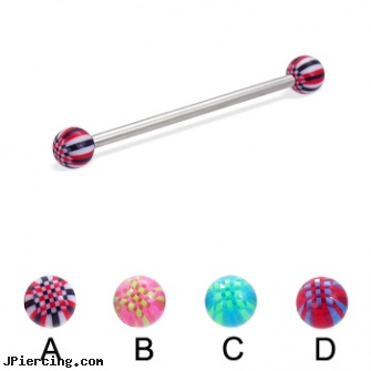Long barbell (industrial barbell) with acrylic checkered balls, 12 ga, how long will it take for tongue piercing to close, long island belly button piercing, cock ring prolong ejaculation instruction, circular barbell body jewelery, 14 gauge curved barbell