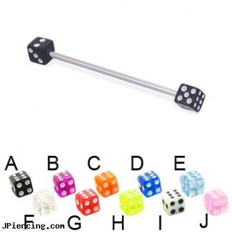 Long barbell (industrial barbell) with acrylic dice, 14 ga, how long does it take nose piercing to close up, how long will it take for tongue piercing to close, how long before removing earrings after first ear piercing, cheap nipple barbell, helix barbell