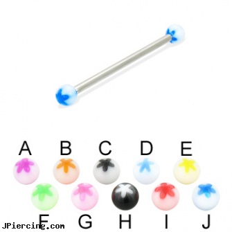 Long barbell (industrial barbell) with acrylic flower balls, 12 ga, how long does it take for ear piercing to heal, how long before regrowing tongue peircing, how long will it take for tongue piercing to close, acrylic tongue barbells, piercings 6mm curved barbell