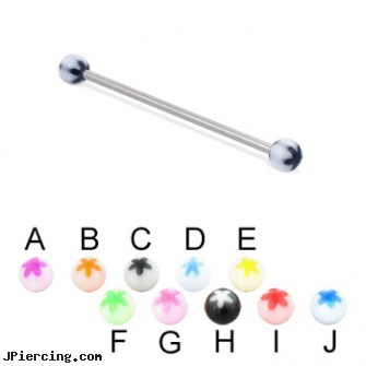 Long barbell (industrial barbell) with acrylic flower balls, 14 ga, cock ring prolong ejaculation instruction, how long before regrowing tongue peircing, long nose piercing pin, irish flag tongue barbell, nipple barbells