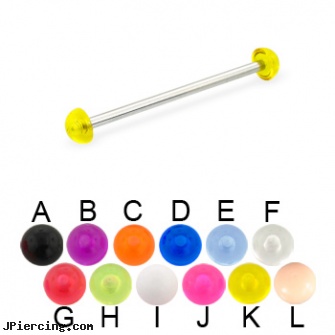 Long Barbell (Industrial Barbell) with Acrylic Half Balls, 12 Ga, long belly botton rings, how long will it take for tongue piercing to close, cock ring prolong ejaculation instruction, barbells, nipple barbells