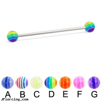 Long barbell (industrial barbell) with acrylic layered balls, 14 ga, how long will it take for tongue piercing to close, how long before regrowing tongue peircing, cock ring prolong ejaculation instruction, colored nipple barbells, twisted barbell