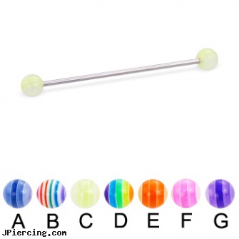 Long barbell (industrial barbell) with acrylic layered balls, 16 ga, long belly botton rings, long nose piercing pin, how long before removing earrings after first ear piercing, nipple barbells, ear piercing barbells