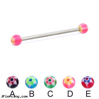Long barbell (industrial barbell) with acrylic star balls, 12 ga, how long before regrowing tongue peircing, how long does it take nose piercing to close up, long island belly button piercing, piercings 6mm curved barbell, straight barbell clear retainer