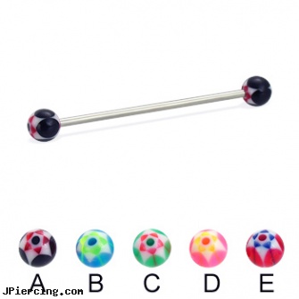 Long barbell (industrial barbell) with acrylic star balls, 14 ga, how long does it take for tongue piercing to heal, how long before removing earrings after first ear piercing, longhorn navel ring, inch tongue barbells, twisted barbell