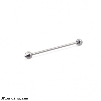 Long barbell (industrial barbell) with ball-cones , 16 ga, how long before removing earrings after first ear piercing, long belly botton rings, how long will it take for tongue piercing to close, sizes of tongue barbells, flexible tongue rings barbells