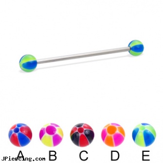 Long barbell (industrial barbell) with balloon balls, 14 ga, how long does it take for ear piercing to heal, how long does it take cartilage piercings to heal, how long does it take nose piercing to close up, eyebrow barbell, barbells for cartilage piercing