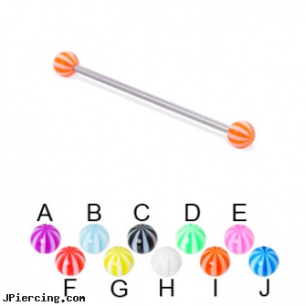 Long barbell (industrial barbell) with beach balls, 14 ga, how long before regrowing tongue peircing, how long does it take for ear piercing to heal, how long does it take nose piercing to close up, spiral barbell, acrylic tongue barbells