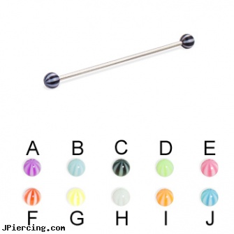 Long Barbell (Industrial Barbell) with Beach Balls, 16 Ga, longhorn navel ring, how long does it take for ear piercing to heal, how long does it take for tongue piercing to heal, how to unscrew barbell body jewelry, colored heavy gauge tongue barbells
