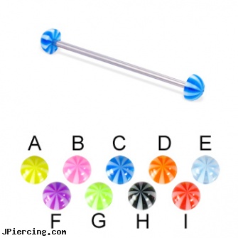 Long barbell (industrial barbell) with beach half balls, 14 ga, long island belly button piercing, cock ring prolong ejaculation instruction, how long before regrowing tongue peircing, eyebrow piercing barbells, tongue piercing barbell
