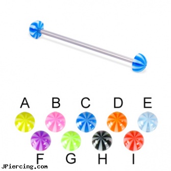 Long barbell (industrial barbell) with beach half balls, 14 ga, long island belly button piercing, cock ring prolong ejaculation instruction, how long before regrowing tongue peircing, eyebrow piercing barbells, tongue piercing barbell