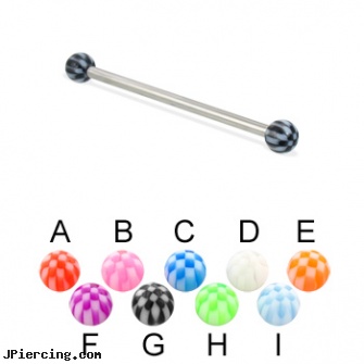 Long barbell (industrial barbell) with checkered balls, 12 ga, longhorn navel ring, how long before removing earrings after first ear piercing, long belly botton rings, clitoris barbells jewelry, tongue barbells penis
