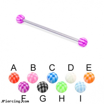 Long barbell (industrial barbell) with checkered balls, 14 ga, how long before removing earrings after first ear piercing, long island belly button piercing, how long before regrowing tongue peircing, barbell balls, cheap barbells and tongue rings vibrating