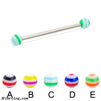 Long barbell (industrial barbell) with circle balls, 12 ga, how long before regrowing tongue peircing, how long does it take cartilage piercings to heal, long island belly button piercing, large gauge tongue barbell, star tongue barbells