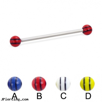 Long barbell (industrial barbell) with double striped balls, 12 ga, how long will it take for tongue piercing to close, how long before removing earrings after first ear piercing, how long does it take cartilage piercings to heal, barbell piercings, gem nipple barbell