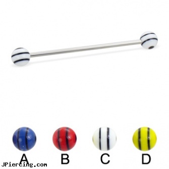 Long barbell (industrial barbell) with double striped balls, 14 ga, how long will it take for tongue piercing to close, how long before removing earrings after first ear piercing, how long does it take for tongue piercing to heal, cheap nipple barbell, circular barbell body jewelery