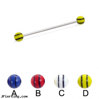 Long barbell (industrial barbell) with double striped balls, 16 ga, long island belly button piercing, how long will it take for tongue piercing to close, long nose piercing pin, tongue barbells penis, tongue barbells