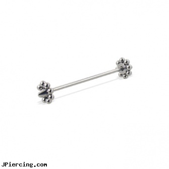 Long barbell (industrial barbell) with flower cones, 16 ga, how long does it take nose piercing to close up, long belly botton rings, long nose piercing pin, curved barbell jewelry, inch tongue barbells