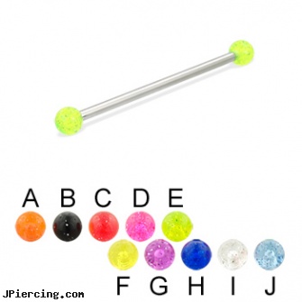 Long barbell (industrial barbell) with glitter balls, 12 ga, how long before removing earrings after first ear piercing, longhorn navel ring, how long does it take for tongue piercing to heal, spiral barbell, eyebrow piercing barbells
