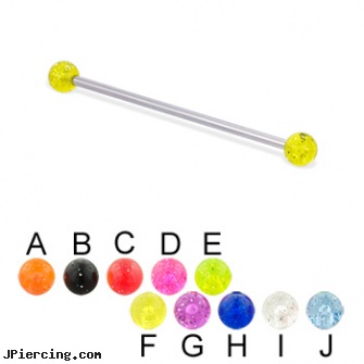 Long barbell (industrial barbell) with glitter balls, 14 ga, long island belly button piercing, how long before removing earrings after first ear piercing, how long does it take cartilage piercings to heal, barbell balls, barbells