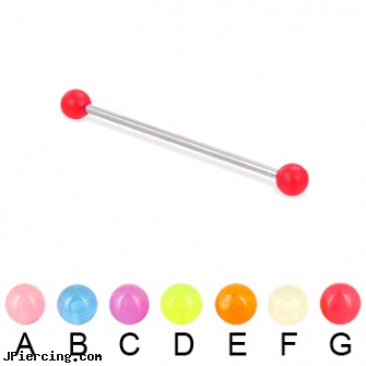 Long barbell (industrial barbell) with glow-in-the-dark balls, 14 ga, how long will it take for tongue piercing to close, long island belly button piercing, long belly botton rings, how to unscrew barbell body jewelry, 29mm titanium barbell