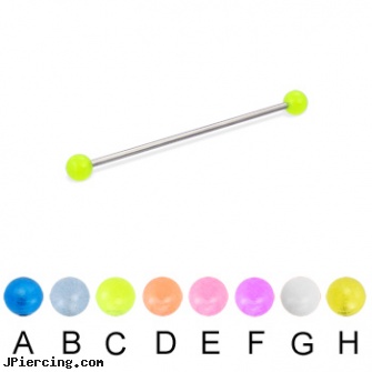 Long barbell (industrial barbell) with glow-in-the-dark balls, 16 ga, long island belly button piercing, how long before removing earrings after first ear piercing, how long does it take for ear piercing to heal, curved slave barbell, tips for putting in tongue barbell