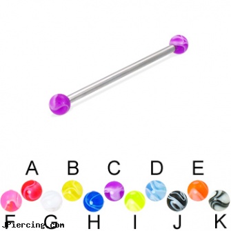 Long Barbell (Industrial Barbell) with Marble Balls, 12 Ga, how long does it take nose piercing to close up, long belly botton rings, how long does it take for tongue piercing to heal, piercings 6mm curved barbell, cheap barbells and tongue rings vibrating