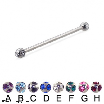 Long Barbell (Industrial Barbell) with Multi Gem Balls, 12 Ga, how long before removing earrings after first ear piercing, how long before regrowing tongue peircing, how long does it take cartilage piercings to heal, how to unscrew barbell body jewelry, buy logo tongue barbells