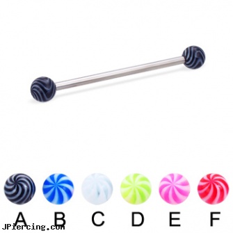 Long barbell (industrial barbell) with tornado balls, 12 ga, how long will it take for tongue piercing to close, how long does it take for ear piercing to heal, longhorn navel ring, gold plated straight barbell eyebrow jewelry, belly button rings and barbells