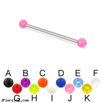 Long barbell (industrial barbell) with UV balls, 12 ga, how long will it take for tongue piercing to close, how long does it take cartilage piercings to heal, long island belly button piercing, gauge plastic tongue barbells, petite shaft belly barbells