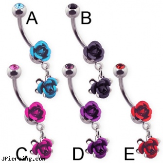 Metal rose belly ring with dangling rose and jeweled top ball, flat metal cock ring, non metal nipple jewelry, morbid metal labrets, rose belly jewelry, rose belly button rings