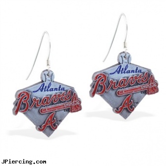 Mspiercing Sterling Silver Earrings With Official Licensed Pewter MLB Charms, Atlanta Braves, sterling silver navel jewelry, sterling silver nose rings, cheerleader belly rings titanium or sterling silver, silver nipple ring, ear piercing with sleeper earrings