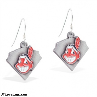 Mspiercing Sterling Silver Earrings With Official Licensed Pewter MLB Charms, Cleveland Indians, sterling silver nipple rings, sterling navel ring, sterling silver nose rings, silver jewellry, silver cock rings