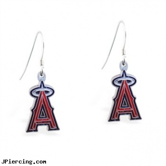 Mspiercing Sterling Silver Earrings With Official Licensed Pewter MLB Charms, Los Angeles Angels, sterling cock ring, sterling silver navel ring, sterling silver nipple rings, silver nose stud, adjustable silver cock ring