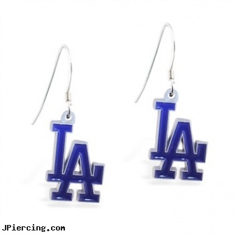 Mspiercing Sterling Silver Earrings With Official Licensed Pewter MLB Charms, Los Angeles Dodgers, disney charms sterling silver, cheerleader belly rings titanium or sterling silver, sterling silver naval rings, hot silver body jewelry, silver nose stud