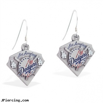 Mspiercing Sterling Silver Earrings With Official Licensed Pewter MLB Charms, Los Angeles Dodgers, sterling silver navel jewelry, sterling silver nose rings, cheerleader belly rings titanium or sterling silver, silver navel ring, silver nose stud